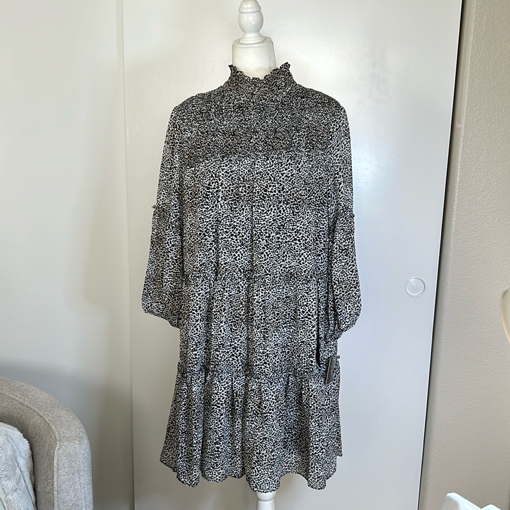Women's Just Taylor Dress Tiered Ruffle Mock Neck Black White Animal Print XL